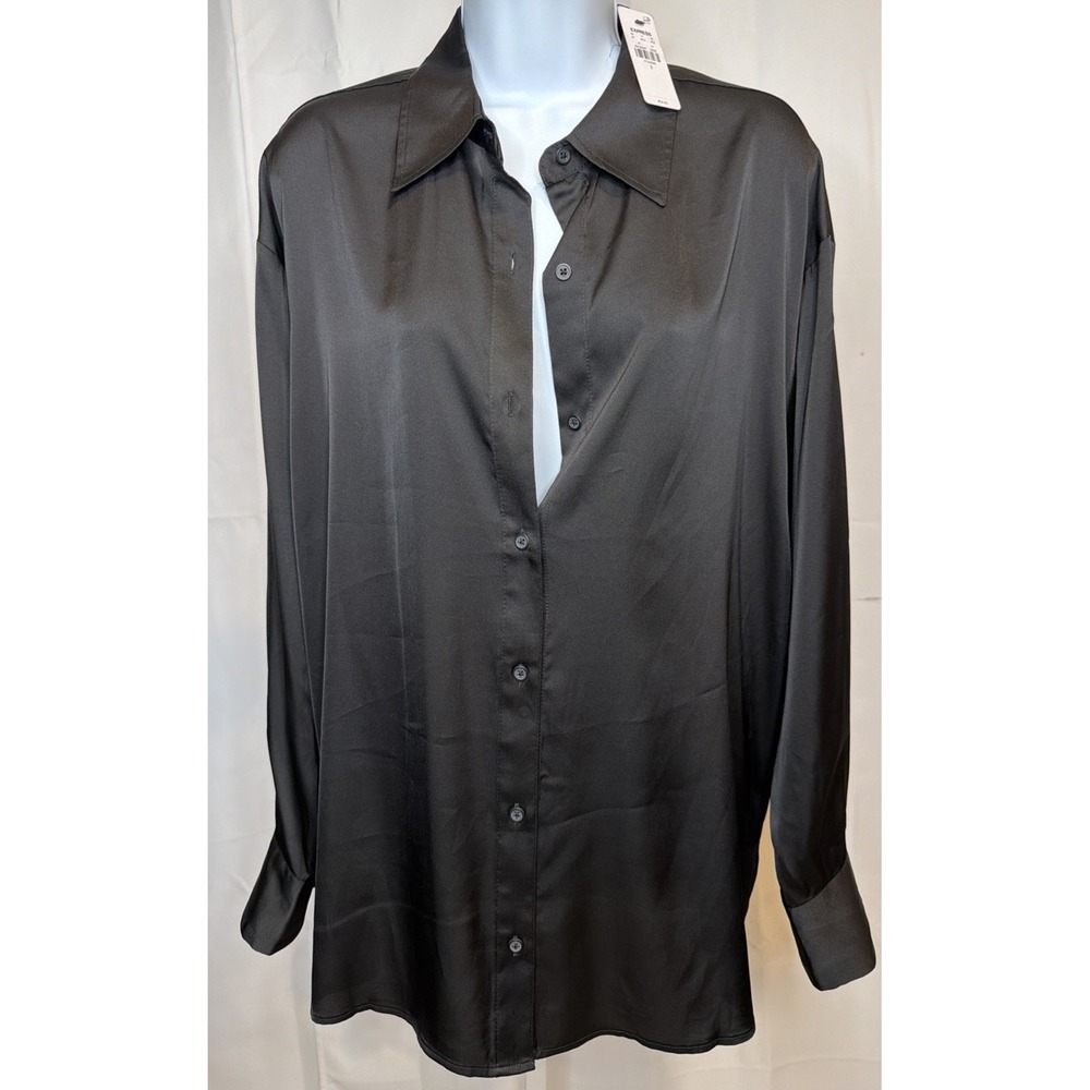 NWT Express Satin Boyfriend Portofino Shirt Womens Small Black Oversized Blouse